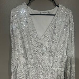 New York & Company Silver Sequin Wrap Top